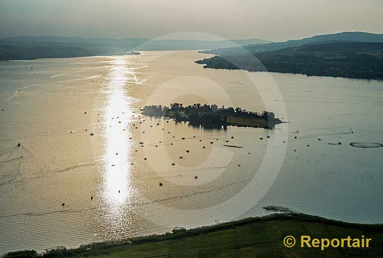 Foto: Die Insel Ufenau im Zürichsee in der hochsommerlichen Abendsonne.. (Luftaufnahme von Niklaus Wächter)