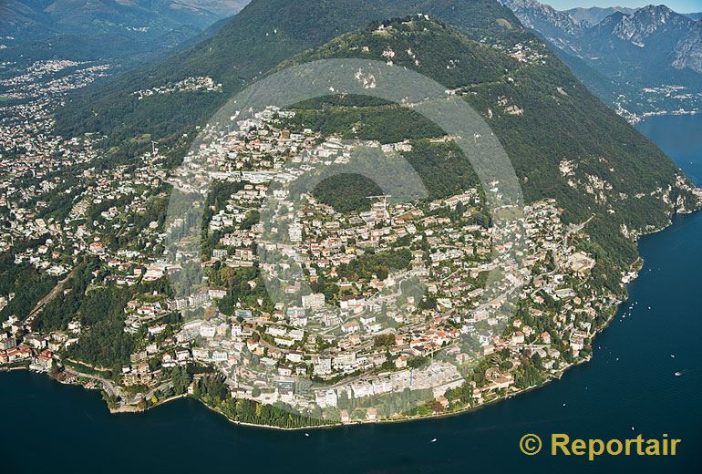 Foto: Der Monte Bre bei Lugano (TI) gilt als einer der sonnigsten Orte der Schweiz. (Luftaufnahme von Niklaus Wächter)